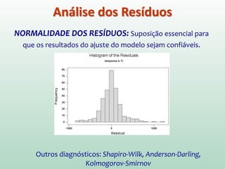 NORMALIDADE DOS RESÍDUOS: Suposição essencial para
que os resultados do ajuste do modelo sejam confiáveis.
Análise dos Resíduos
Outros diagnósticos: Shapiro-Wilk, Anderson-Darling,
Kolmogorov-Smirnov
 