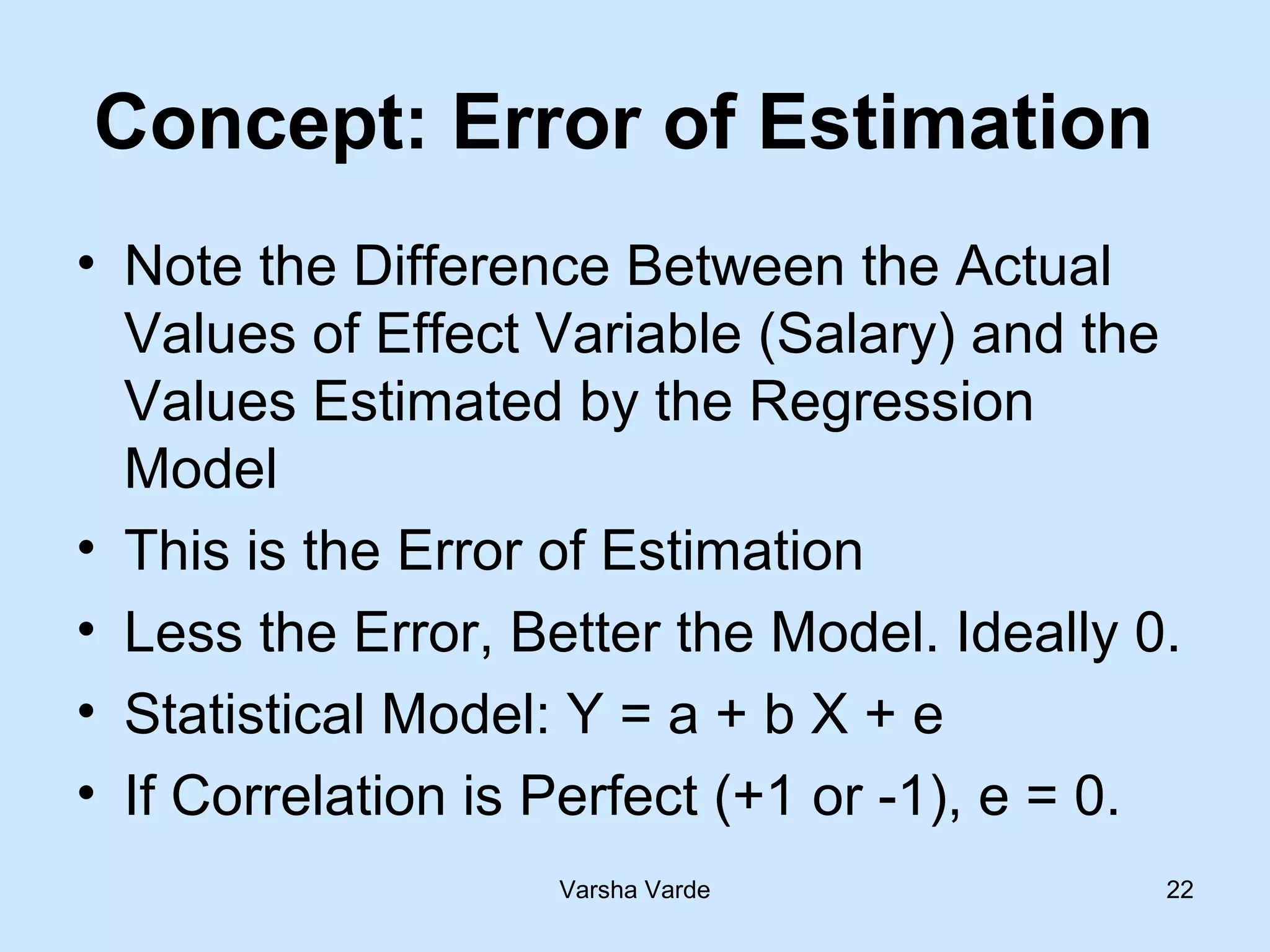 Varsha Varde 22
Concept: Error of Estimation
• Note the Difference Between the Actual
Values of Effect Variable (Salary) and the
Values Estimated by the Regression
Model
• This is the Error of Estimation
• Less the Error, Better the Model. Ideally 0.
• Statistical Model: Y = a + b X + e
• If Correlation is Perfect (+1 or -1), e = 0.
 