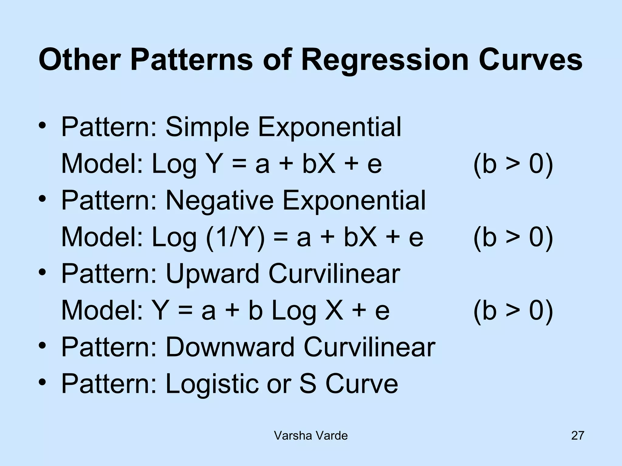 Varsha Varde 27
Other Patterns of Regression Curves
• Pattern: Simple Exponential
Model: Log Y = a + bX + e (b > 0)
• Pattern: Negative Exponential
Model: Log (1/Y) = a + bX + e (b > 0)
• Pattern: Upward Curvilinear
Model: Y = a + b Log X + e (b > 0)
• Pattern: Downward Curvilinear
• Pattern: Logistic or S Curve
 