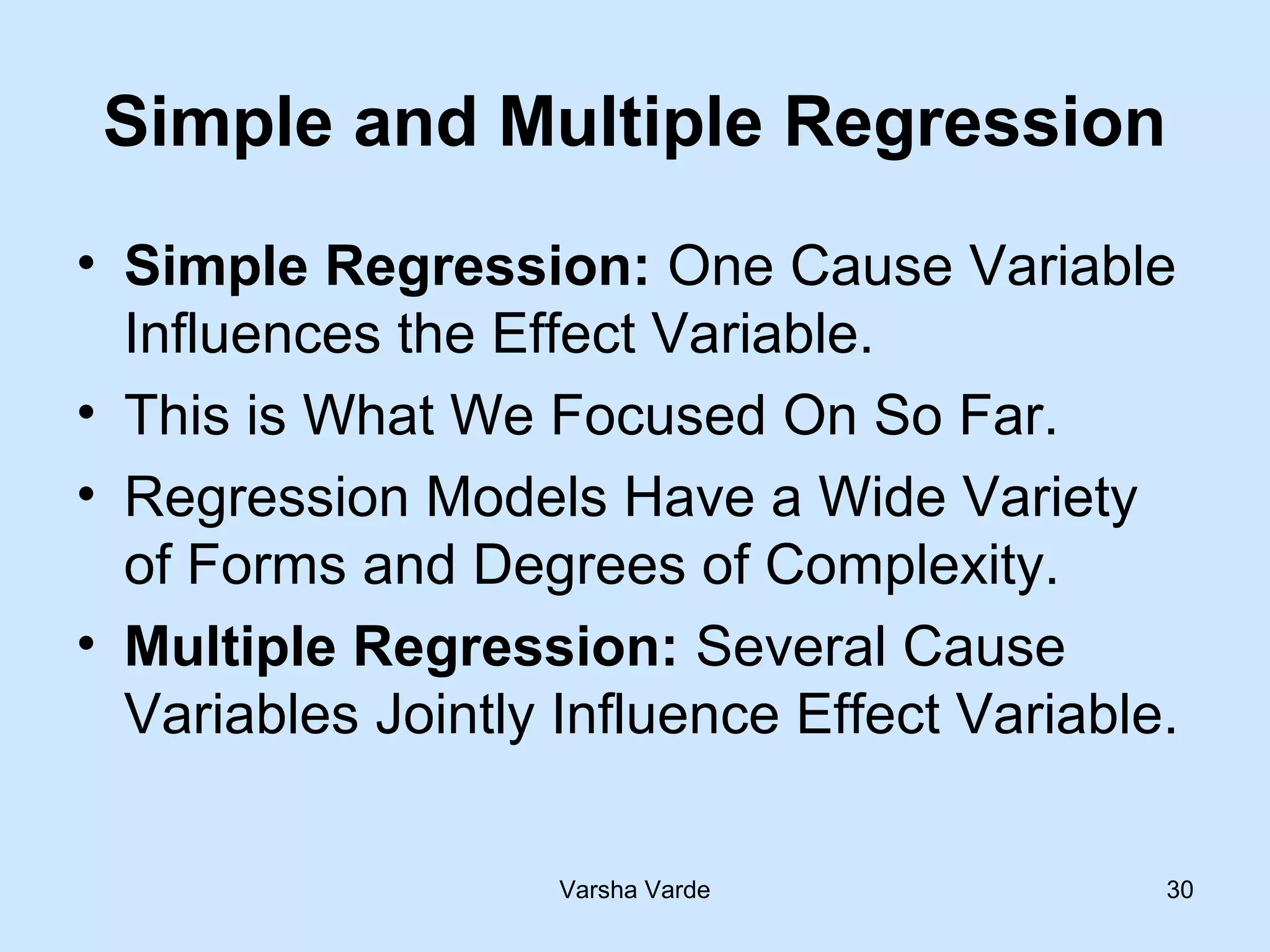Varsha Varde 30
Simple and Multiple Regression
• Simple Regression: One Cause Variable
Influences the Effect Variable.
• This is What We Focused On So Far.
• Regression Models Have a Wide Variety
of Forms and Degrees of Complexity.
• Multiple Regression: Several Cause
Variables Jointly Influence Effect Variable.
 