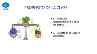 PROPOSITO DE LA CLASE
• 1.- Analiza la
responsabilidad y ética
ambiental.
• 2.- Desarrolla el trabajo
asignado.
 