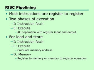 RISC Pipelining
• Most instructions are register to register
• Two phases of execution
—I: Instruction fetch
—E: Execute
– ALU operation with register input and output
• For load and store
—I: Instruction fetch
—E: Execute
– Calculate memory address
—D: Memory
– Register to memory or memory to register operation
 