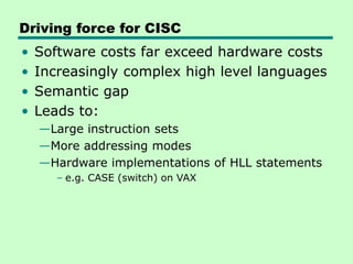 Driving force for CISC
• Software costs far exceed hardware costs
• Increasingly complex high level languages
• Semantic gap
• Leads to:
—Large instruction sets
—More addressing modes
—Hardware implementations of HLL statements
– e.g. CASE (switch) on VAX
 