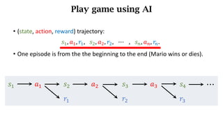 Play game using AI
𝑠) 𝑎) 𝑠* 𝑎* 𝑠+ 𝑎+ 𝑠,
𝑟) 𝑟* 𝑟+
⋯
• (state,	action,	reward)	trajectory:
𝑠), 𝑎), 𝑟), 𝑠*, 𝑎*, 𝑟*, 	 ⋯ 		 , 	 𝑠h, 𝑎h, 𝑟h.	
• One episode is from the the beginning to the end (Mario wins or dies).
 
