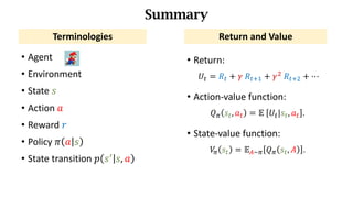• Agent
• Environment
• State	𝑠
• Action	𝑎
• Reward	𝑟
• Policy	𝜋 𝑎 𝑠
• State	transition	𝑝 𝑠_
𝑠, 𝑎
Summary
Terminologies Return	and	Value
• Return:		
𝑈d = 𝑅d + 𝛾	𝑅df) + 𝛾*	𝑅df* + ⋯
• Action-value	function:
𝑄. 𝑠d, 𝑎d = 𝔼	 𝑈d|𝑠d, 𝑎d .
• State-value	function:
𝑉
. 𝑠d = 𝔼s~. 𝑄. 𝑠d, 𝐴 .
 