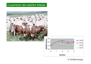 Cruzamento não substitui Seleção




                                                    0,9




                                   GMDND (Kg/dia)
                                                                                         Lat 30
                                                    0,8
                                                                                         Lat 25
                                                    0,7                                  Lat 20
                                                                                         Lat 15
                                                    0,6
                                                          0   1      2       3     4

                                                                  Gerações


                                                                             V. Cardoso (2004)
 