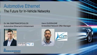 Dr. Nik DIMITRAKOPOULOS
Automotive Ethernet & Infotainment
Automotive Ethernet
The Future for In-Vehicle Networks
Henri DUDRAGNE
Embedded Network Offer Manager
 