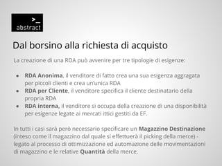 Dal borsino alla richiesta di acquisto
La creazione di una RDA può avvenire per tre tipologie di esigenze:
● RDA Anonima, il venditore di fatto crea una sua esigenza aggragata
per piccoli clienti e crea un’unica RDA
● RDA per Cliente, il venditore specifica il cliente destinatario della
propria RDA
● RDA interna, il venditore si occupa della creazione di una disponibilità
per esigenze legate ai mercati ittici gestiti da EF.
In tutti i casi sarà però necessario specificare un Magazzino Destinazione
(inteso come il magazzino dal quale si effettuerà il picking della merce) -
legato al processo di ottimizzazione ed automazione delle movimentazioni
di magazzino e le relative Quantità della merce.
 