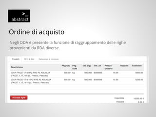 Ordine di acquisto
Negli ODA è presente la funzione di raggruppamento delle righe
provenienti da RDA diverse.
 