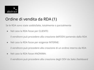 Ordine di vendita da RDA (1)
Se le RDA sono state soddisfatte, totalmente o parzialmente
● Nel caso la RDA fosse per CLIENTE:
il venditore può procedere alla creazione dell’ODV partendo dalla RDA
● Nel caso la RDA fosse per esigenze INTERNE:
il venditore può procedere alla creazione di un ordine interno da RDA
● Nel caso la RDA fosse ANONIMA:
il venditore può procedere alla creazione degli ODV da Sales Dashboard
 