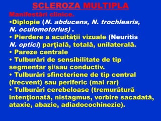 SCLEROZA MULTIPLA
Manifestări clinice.
•Diplopie (N. abducens, N. trochlearis,
N. oculomotorius) .
• Pierdere a acuităţii vizuale (Neuritis
N. optici) parţială, totală, unilaterală.
• Pareze centrale
• Tulburări de sensibilitate de tip
segmentar şi/sau conductiv.
• Tulburări sfincteriene de tip central
(frecvent) sau periferic (mai rar)
• Tulburări cerebeloase (tremurătură
intenţionată, nistagmus, vorbire sacadată,
ataxie, abazie, adiadocochinezie).
 