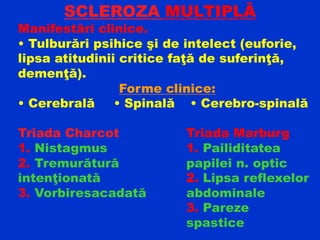 SCLEROZA MULTIPLĂ
Manifestări clinice.
• Tulburări psihice şi de intelect (euforie,
lipsa atitudinii critice faţă de suferinţă,
demenţă).
Forme clinice:
• Cerebrală • Spinală • Cerebro-spinală
Triada Charcot Triada Marburg
1. Nistagmus 1. Pailiditatea
2. Tremurătură papilei n. optic
intenţionată 2. Lipsa reflexelor
3. Vorbiresacadată abdominale
3. Pareze
spastice
 