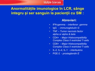 Anormalitățile imunologice în LCR, sânge
integru și ser sanguin la pacienții cu SM :
Abrevieri:
• IFN-gamma - interferon gamma
• IgG - immunoglobulin G
• TNF – Tumor necrosis factor
alpha or alpha & beta
• CD4+ - Major Histocompatibility
Complex Class II restricted T-cells
• CD8+ - Major Histocompatibility
Complex Class II restricted T-cells
• IL-2, IL-4, IL-1 - interleukins
• PGE-2 - prostaglandin E
 