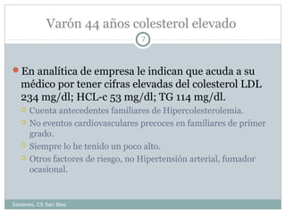 Varón 44 años colesterol elevado
7

En analítica de empresa le indican que acuda a su

médico por tener cifras elevadas del colesterol LDL
234 mg/dl; HCL-c 53 mg/dl; TG 114 mg/dl.






Cuenta antecedentes familiares de Hipercolesterolemia.
No eventos cardiovasculares precoces en familiares de primer
grado.
Siempre lo he tenido un poco alto.
Otros factores de riesgo, no Hipertensión arterial, fumador
ocasional.

Sesiones, CS San Blas

 