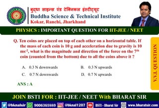 बुद्धा साइन्स एंड टेक्निकल इंस्टीट्यूट
Buddha Science & Technical Institute
Kokar, Ranchi, Jharkhand
JOIN BSTI FOR : IIT-JEE / NEET With BHARAT SIR
PHYSICS : IMPORTANT QUESTION FOR IIT-JEE / NEET
Q. Ten coins are placed on top of each other on a horizontal table. If
the mass of each coin is 10 g and acceleration due to gravity is 10
ms-2, what is the magnitude and direction of the force on the 7th
coin (counted from the bottom) due to all the coins above it ?
A. 0.3 N downwards B. 0.3 N upwards
C. 0.7 N downwards D. 0.7 N upwards
ANS : A
V.V.I.
QUESTION
 