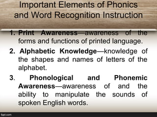Important Elements of Phonics
and Word Recognition Instruction
1. Print Awareness—awareness of the
forms and functions of printed language.
2. Alphabetic Knowledge—knowledge of
the shapes and names of letters of the
alphabet.
3. Phonological and Phonemic
Awareness—awareness of and the
ability to manipulate the sounds of
spoken English words.
 