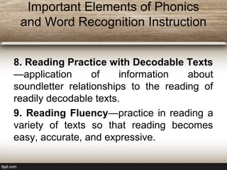 Important Elements of Phonics
and Word Recognition Instruction
8. Reading Practice with Decodable Texts
—application of information about
soundletter relationships to the reading of
readily decodable texts.
9. Reading Fluency—practice in reading a
variety of texts so that reading becomes
easy, accurate, and expressive.
 