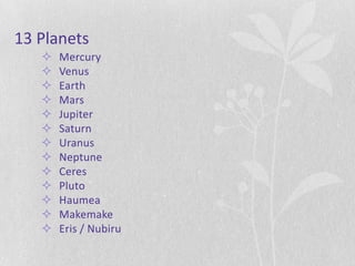 13 Planets
      Mercury
      Venus
      Earth
      Mars
      Jupiter
      Saturn
      Uranus
      Neptune
      Ceres
      Pluto
      Haumea
      Makemake
      Eris / Nubiru
 