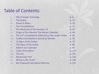 Table of Contents:
   i.      Why Change? Astrology                                p. 6
   ii.     The Zodiac                                           p. 15
   iii.    Planet X Nibiru                                      p. 19
   iv.     The Constellations                                   p. 27
   v.      The Mysteries of the Number 13                       p. 35
   vi.     Origin of Our Months The Roman Calendar              p. 44
   vii.    The 13th Constellation Ophuchicus the snake holder   p. 52
   viii.   Visible Constellations Sorted by Months              p. 59
   ix.     12 Signs of the Zodiac                               p. 72
   x.      The Signs of the Zodiac                              p. 81
   xi.     Reform Our Calendar                                  p. 95
   xii.    Cycle of the Moon                                    p. 114
   xiii.   The Sun                                              p. 121
   xiv.    Measuring Time                                       p. 126
   xv.     Where is the Truth?                                  p. 130
   xvi.    My Proposed Calculation Reforms                      p. 137
 