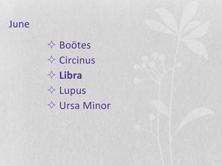 June
        Boötes
        Circinus
        Libra
        Lupus
        Ursa Minor
 