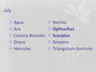 July

   Apus               Norma
   Ara                Ophiuchus
   Corona Borealis    Scorpius
   Draco              Serpens
   Hercules           Triangulum Australe
 