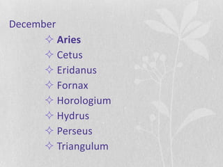 December
       Aries
       Cetus
       Eridanus
       Fornax
       Horologium
       Hydrus
       Perseus
       Triangulum
 