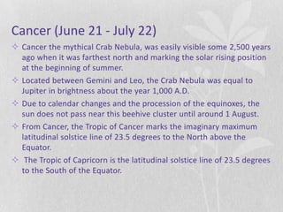 Cancer (June 21 - July 22)
 Cancer the mythical Crab Nebula, was easily visible some 2,500 years
  ago when it was farthest north and marking the solar rising position
  at the beginning of summer.
 Located between Gemini and Leo, the Crab Nebula was equal to
  Jupiter in brightness about the year 1,000 A.D.
 Due to calendar changes and the procession of the equinoxes, the
  sun does not pass near this beehive cluster until around 1 August.
 From Cancer, the Tropic of Cancer marks the imaginary maximum
  latitudinal solstice line of 23.5 degrees to the North above the
  Equator.
 The Tropic of Capricorn is the latitudinal solstice line of 23.5 degrees
  to the South of the Equator.
 
