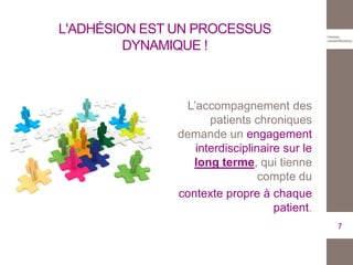 L’accompagnement des
patients chroniques
demande un engagement
interdisciplinaire sur le
long terme, qui tienne
compte du
contexte propre à chaque
patient.
7
L'ADHÉSION EST UN PROCESSUS
DYNAMIQUE !
 
