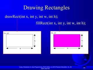 Drawing Rectangles
 drawRect(int x, int y, int w, int h);
                                         fillRect(int x, int y, int w, int h);

(x, y)                                                             (x, y)



                                     h                                                                    h



           w                                                                                  w




           Liang, Introduction to Java Programming, Ninth Edition, (c) 2013 Pearson Education, Inc. All
                                                rights reserved.
                                                                                                              10
 