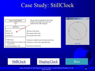 Case Study: StillClock

       javax.swing.JPanel                 The get and set methods for these data
                                          fields are provided in the class, but
-char token                               omitted in the UML diagram

+getToken StillClock
+setToken
+paintComponet
-hour: int
+mouseClicked                      The hour in the clock.
-minute: int                       The minute in the clock.
-second: int                       The second in the clock.

+StillClock()                      Constructs a default clock for the current time.
+StillClock(hour: int, minute: int, Constructs a clock with a specified time.
  second: int)
+setCurrentTime(): void             Sets time to current time.




              StillClock                                 DisplayClock                                                  Run
                        Liang, Introduction to Java Programming, Ninth Edition, (c) 2013 Pearson Education, Inc. All
                                                             rights reserved.
                                                                                                                             24
 