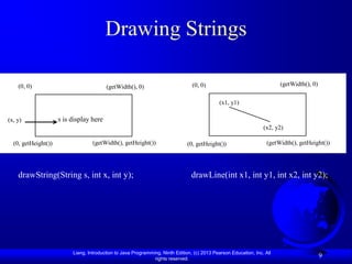 Drawing Strings

    (0, 0)                               (getWidth(), 0)                         (0, 0)                                  (getWidth(), 0)

                                                                                              (x1, y1)

(x, y)               s is display here
                                                                                                                  (x2, y2)

  (0, getHeight())                 (getWidth(), getHeight())                   (0, getHeight())                     (getWidth(), getHeight())




    drawString(String s, int x, int y);                                          drawLine(int x1, int y1, int x2, int y2);




                          Liang, Introduction to Java Programming, Ninth Edition, (c) 2013 Pearson Education, Inc. All
                                                               rights reserved.
                                                                                                                                           9
 