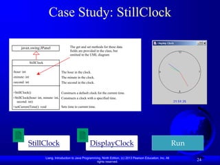 Liang, Introduction to Java Programming, Ninth Edition, (c) 2013 Pearson Education, Inc. All
rights reserved.
24
Case Study: StillClock
DisplayClock Run
StillClock
StillClock
-hour: int
-minute: int
-second: int
+StillClock()
+StillClock(hour: int, minute: int,
second: int)
+setCurrentTime(): void
javax.swing.JPanel
-char token
+getToken
+setToken
+paintComponet
+mouseClicked
The get and set methods for these data
fields are provided in the class, but
omitted in the UML diagram
The hour in the clock.
The minute in the clock.
The second in the clock.
Constructs a default clock for the current time.
Constructs a clock with a specified time.
Sets time to current time.
 