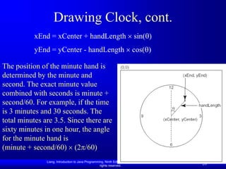 Liang, Introduction to Java Programming, Ninth Edition, (c) 2013 Pearson Education, Inc. All
rights reserved.
26
Drawing Clock, cont.
xEnd = xCenter + handLength  sin()
yEnd = yCenter - handLength  cos()
The position of the minute hand is
determined by the minute and
second. The exact minute value
combined with seconds is minute +
second/60. For example, if the time
is 3 minutes and 30 seconds. The
total minutes are 3.5. Since there are
sixty minutes in one hour, the angle
for the minute hand is
(minute + second/60)  (2/60)
 