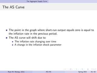 The Aggregate Supply Curve
The AS Curve
The point in the graph where short-run output equals zero is equal to
the inflation rate in the previous period.
The AS curve will shift due to:
The inflation rate changing over time
A change in the inflation shock parameter
Ryan W. Herzog (GU) AD/AS Spring 2021 18 / 62
 