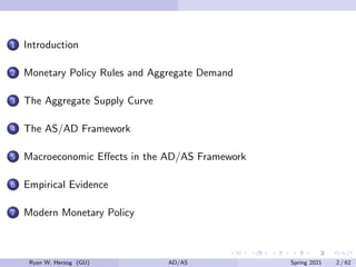 1 Introduction
2 Monetary Policy Rules and Aggregate Demand
3 The Aggregate Supply Curve
4 The AS/AD Framework
5 Macroeconomic Effects in the AD/AS Framework
6 Empirical Evidence
7 Modern Monetary Policy
Ryan W. Herzog (GU) AD/AS Spring 2021 2 / 62
 