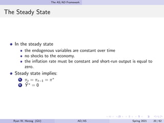 The AS/AD Framework
The Steady State
In the steady state
the endogenous variables are constant over time
no shocks to the economy.
the inflation rate must be constant and short-run output is equal to
zero.
Steady state implies:
1 πt = πt−1 = π∗
2 Ỹ ∗
= 0
Ryan W. Herzog (GU) AD/AS Spring 2021 20 / 62
 