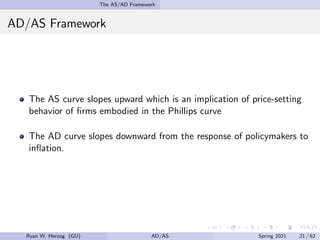 The AS/AD Framework
AD/AS Framework
The AS curve slopes upward which is an implication of price-setting
behavior of firms embodied in the Phillips curve
The AD curve slopes downward from the response of policymakers to
inflation.
Ryan W. Herzog (GU) AD/AS Spring 2021 21 / 62
 