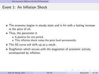 Macroeconomic Effects in the AD/AS Framework
Event 1: An Inflation Shock
The economy begins in steady state and is hit with a lasting increase
in the price of oil.
Thus, the parameter o
Is positive for one period
This inflation shock raises the price level permanently.
The AS curve will shift up as a result.
Stagflation which occurs with the stagnation of economic activity
accompanied by inflation.
Ryan W. Herzog (GU) AD/AS Spring 2021 23 / 62
 