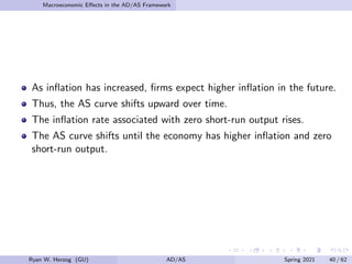 Macroeconomic Effects in the AD/AS Framework
As inflation has increased, firms expect higher inflation in the future.
Thus, the AS curve shifts upward over time.
The inflation rate associated with zero short-run output rises.
The AS curve shifts until the economy has higher inflation and zero
short-run output.
Ryan W. Herzog (GU) AD/AS Spring 2021 40 / 62
 