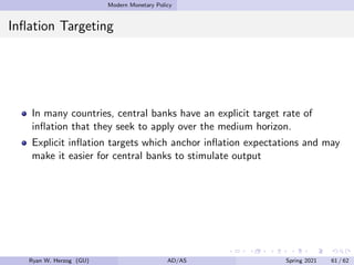 Modern Monetary Policy
Inflation Targeting
In many countries, central banks have an explicit target rate of
inflation that they seek to apply over the medium horizon.
Explicit inflation targets which anchor inflation expectations and may
make it easier for central banks to stimulate output
Ryan W. Herzog (GU) AD/AS Spring 2021 61 / 62
 