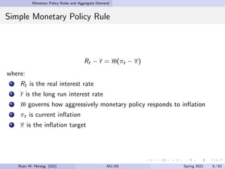 Monetary Policy Rules and Aggregate Demand
Simple Monetary Policy Rule
Rt − r = m(πt − π)
where:
Rt is the real interest rate
r is the long run interest rate
m governs how aggressively monetary policy responds to inflation
πt is current inflation
π is the inflation target
Ryan W. Herzog (GU) AD/AS Spring 2021 8 / 62
 