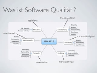 Was ist Software Qualität ?
                                    Funktionalität
              Effizienz




Wartbarkeit
                                                     Zuverlässigkeit




                     Portabilität   Benutzbarkeit
 