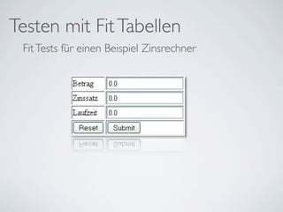 Testen mit Fit Tabellen
 Fit Tests für einen Beispiel Zinsrechner
 