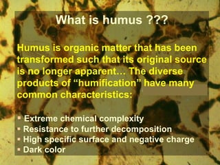 What is humus ???
Humus is organic matter that has been
transformed such that its original source
is no longer apparent… The diverse
products of “humification” have many
common characteristics:
 Extreme chemical complexity
 Resistance to further decomposition
 High specific surface and negative charge
 Dark color
 