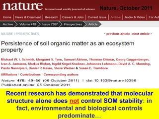 Recent research has demonstrated that molecular
structure alone does not control SOM stability: in
fact, environmental and biological controls
predominate…
Nature, October 2011
 