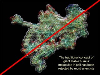 The traditional concept of
giant stable humus
molecules in soil has been
rejected by most scientists
 