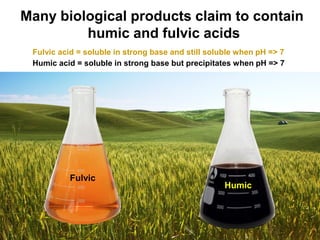 Many biological products claim to contain
humic and fulvic acids
Fulvic
Humic
Fulvic acid = soluble in strong base and still soluble when pH => 7
Humic acid = soluble in strong base but precipitates when pH => 7
 