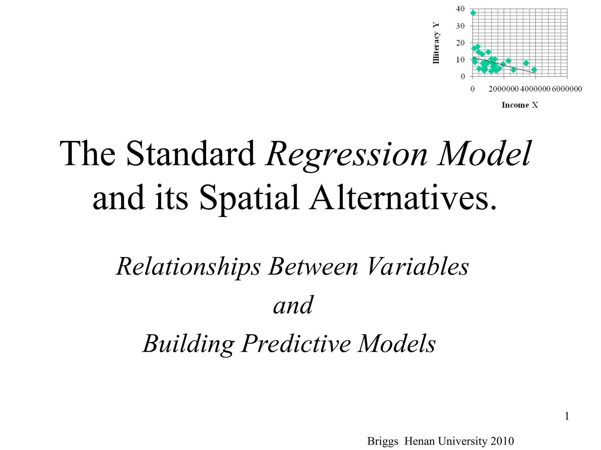 Briggs Henan University 2010
1
The Standard Regression Model
and its Spatial Alternatives.
Relationships Between Variables
and
Building Predictive Models
 