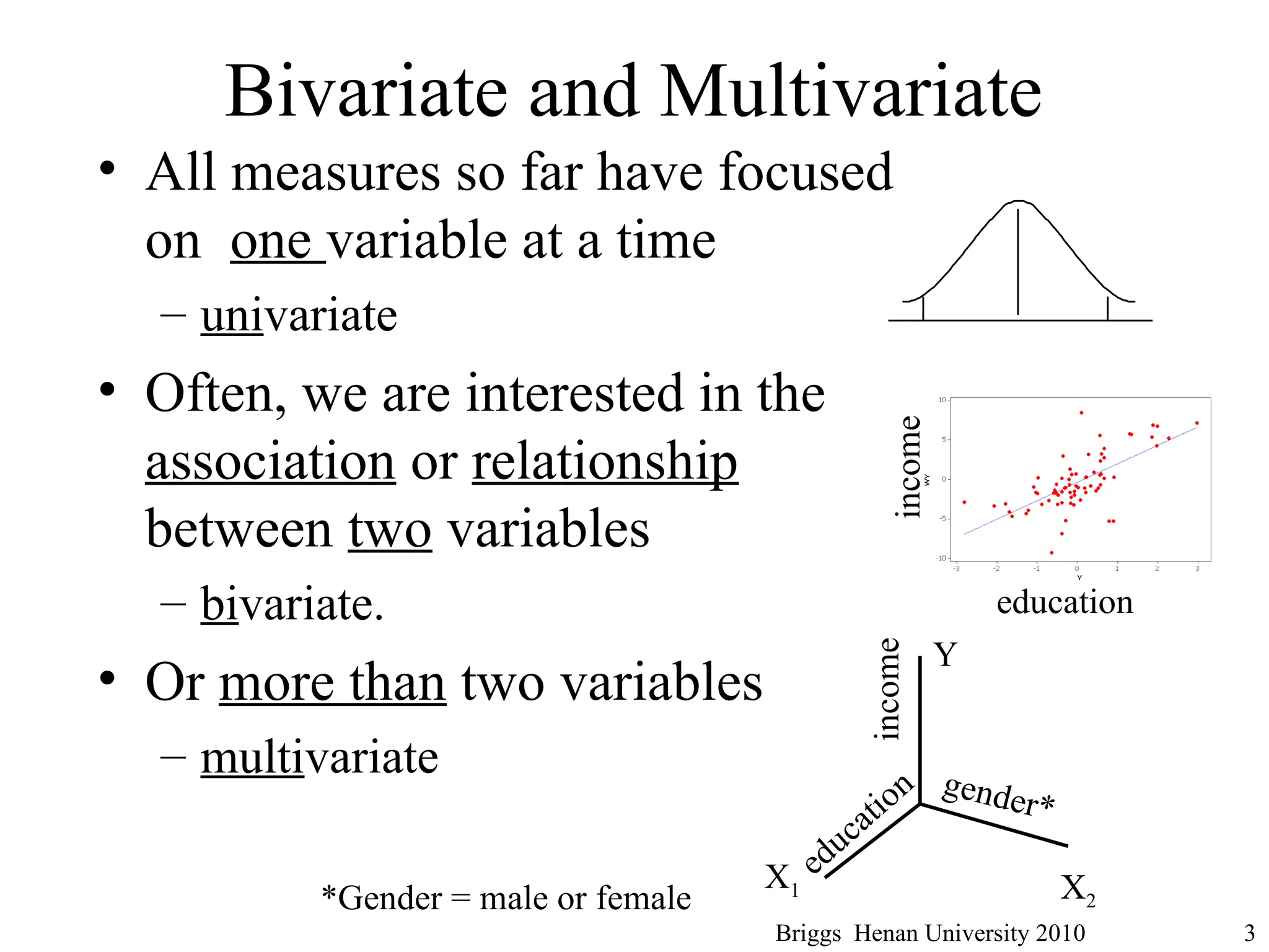 Bivariate and Multivariate
• All measures so far have focused
on one variable at a time
– univariate
• Often, we are interested in the
association or relationship
between two variables
– bivariate.
• Or more than two variables
– multivariate
Briggs Henan University 2010 3
Y
X1 X2
education
income
gender*
income
*Gender = male or female
education
 