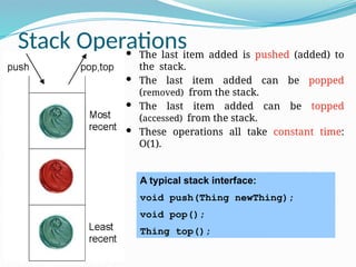 Stack Operations
 The last item added is pushed (added) to
the stack.
 The last item added can be popped
(removed) from the stack.
 The last item added can be topped
(accessed) from the stack.
 These operations all take constant time:
O(1).
A typical stack interface:
void push(Thing newThing);
void pop();
Thing top();
 